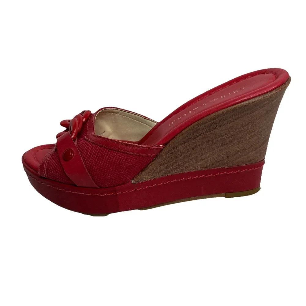 ANTONIO MELANI Red Wedge Slip On Platform Peep Toe Sandal 6.5 Y2K Retro Boho